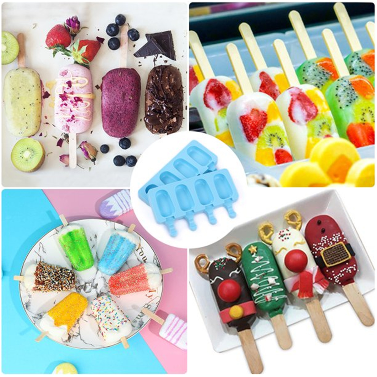 Popsicle Molds Set of 2,Casewin Ice Pop Molds Silicone 4 Cavities Ice Cream  Mold Oval Cake Pop Mold with 100 Wooden Sticks for DIY Popsicle